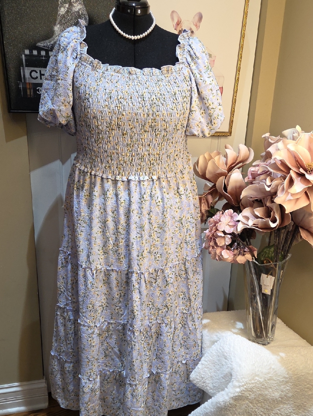 Nat 1x, 2x Max Studio Light Blue Floral Smocked Maxi Dress B1